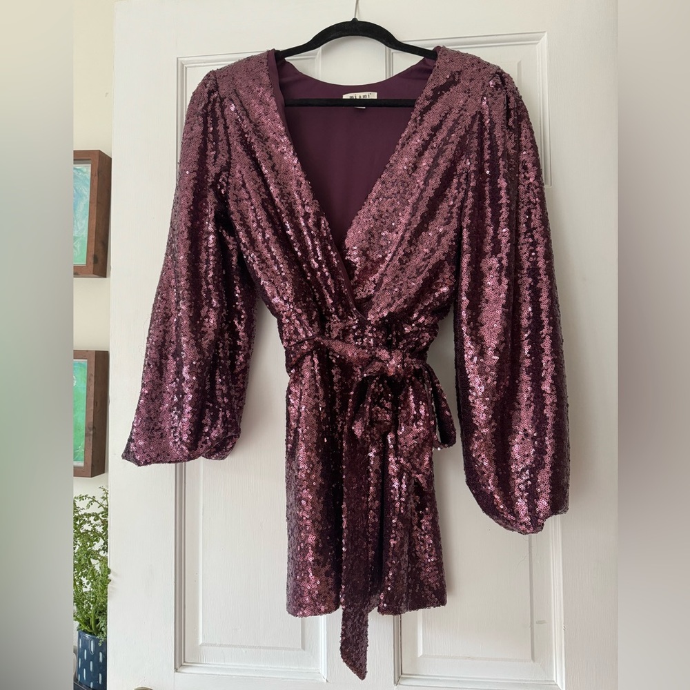 Purple Sequin Mini Dress with Long Balloon Sleeves